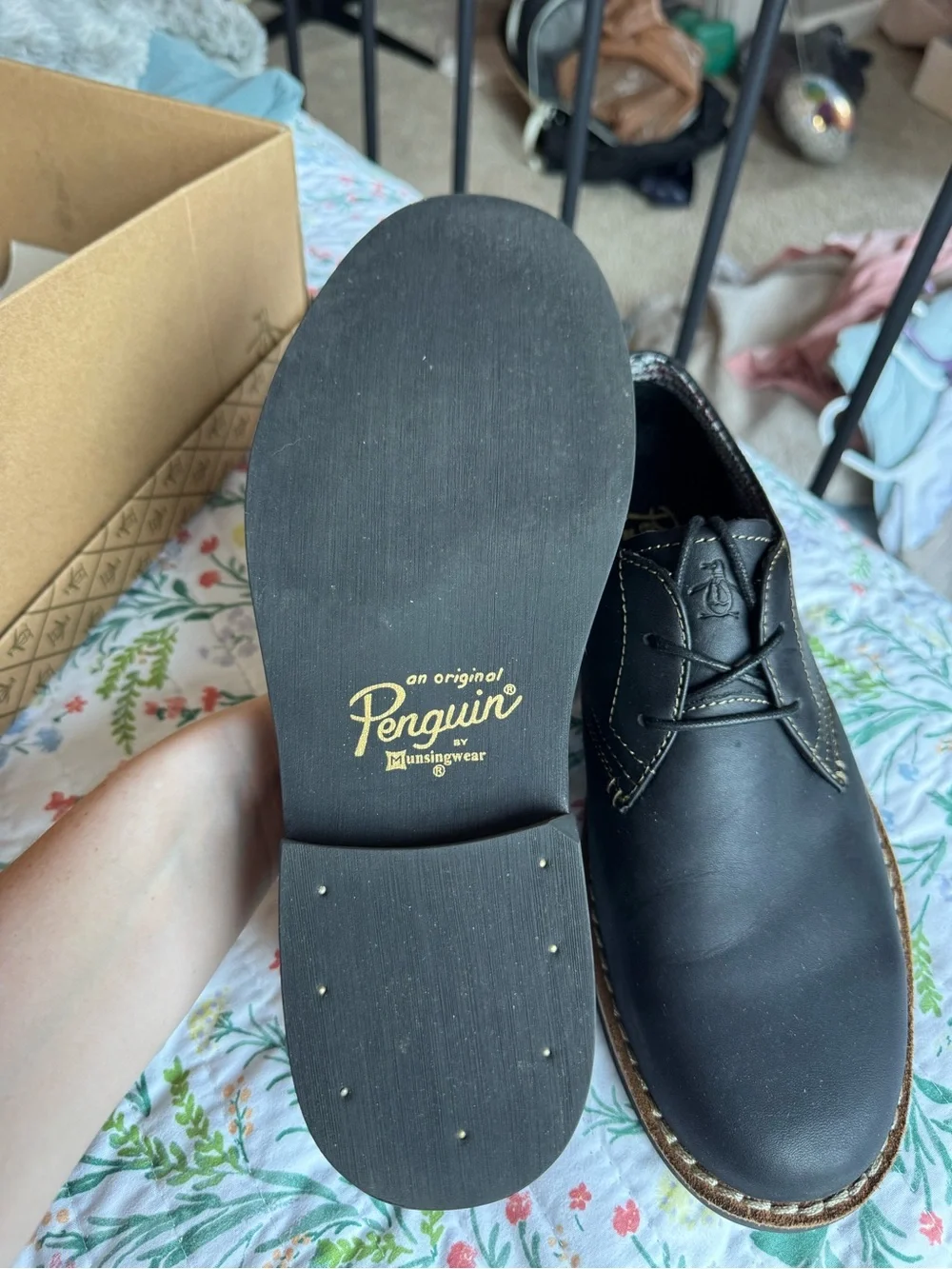 Original Penguin Black Leather Derby Shoes with Contrast Stitching